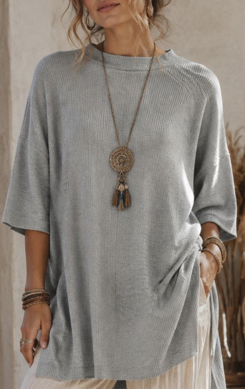Dressed In Lala Ribbed Oversized Tunic Shirt Heather Gray Womens M Boho Top